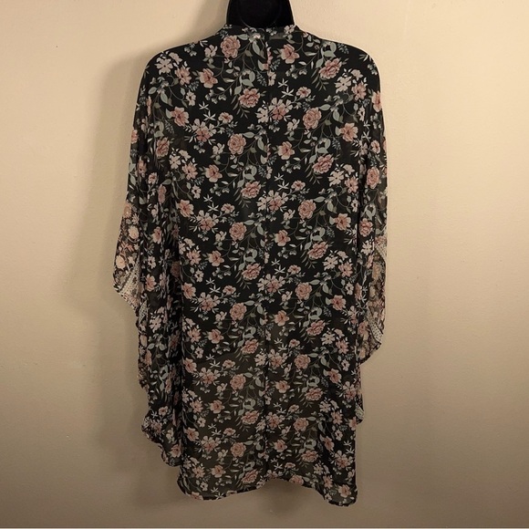 CL WALLFLOWER BLACK PINK KIMONO BLOUSE TOP OPEN FRONT FLOWY - Picture 5 of 12
